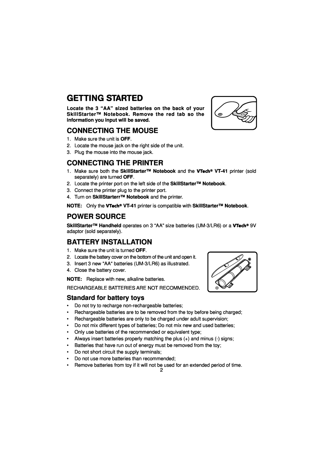 VTech SkillStarter Notebook manual Getting Started, Connecting The Mouse, Connecting The Printer, Power Source 
