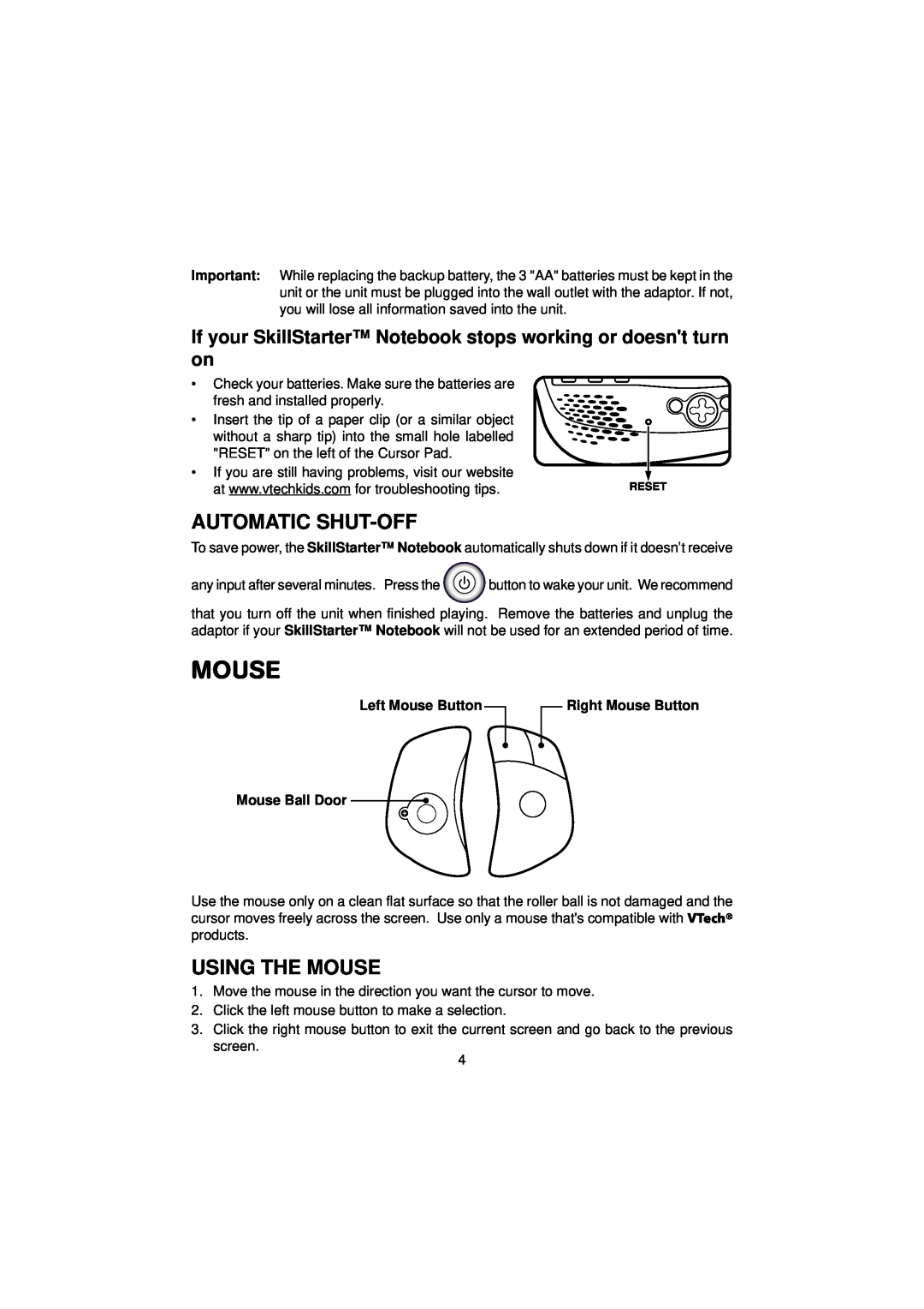 VTech SkillStarter Notebook manual Automatic Shut-Off, Using The Mouse 