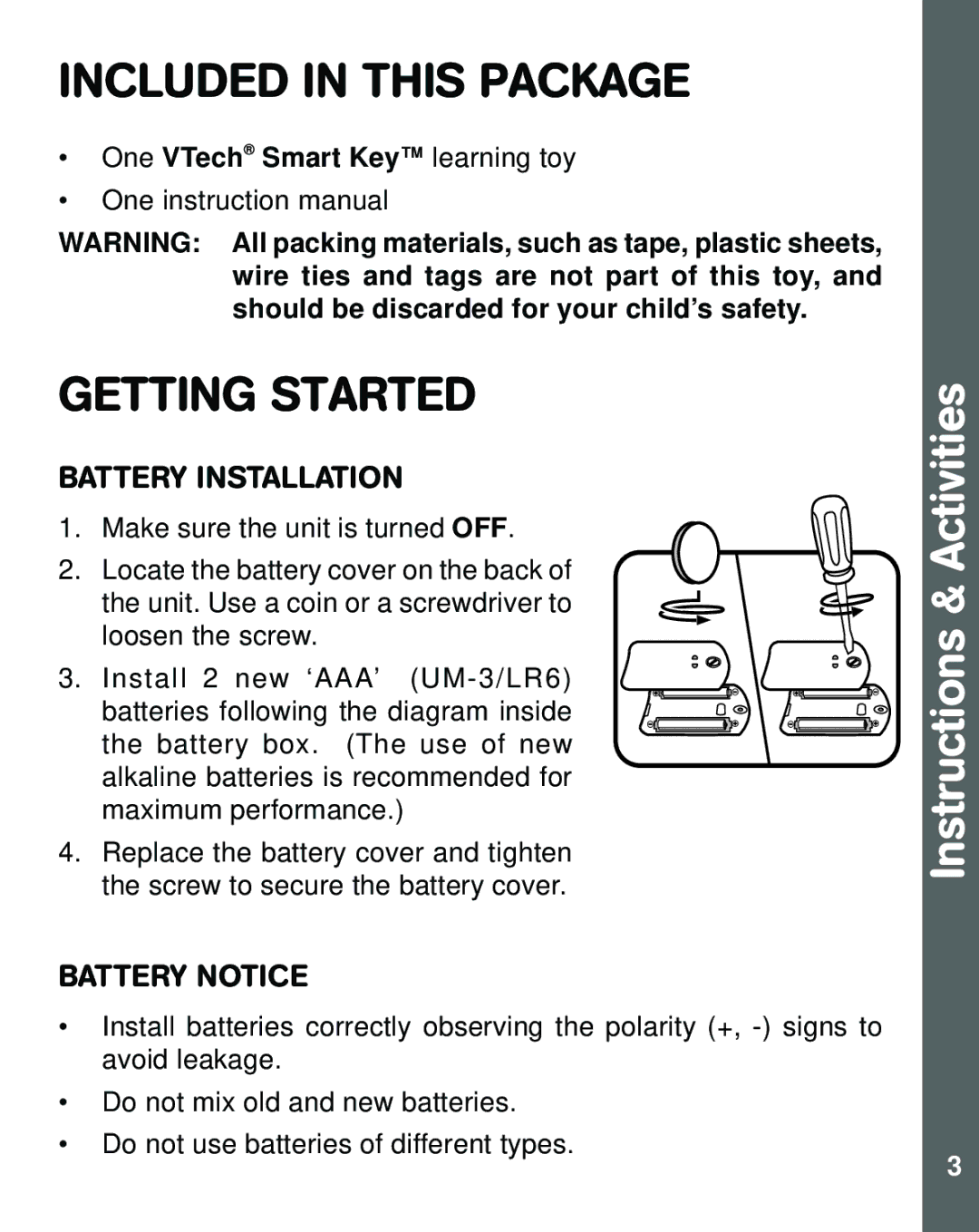 VTech Smart Key user manual Included in this Package, Getting Started, Instructions & Activities 