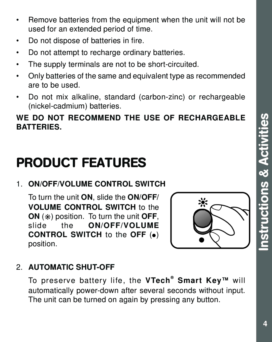 VTech Smart Key user manual Product Features, ON/OFF/VOLUME Control Switch 