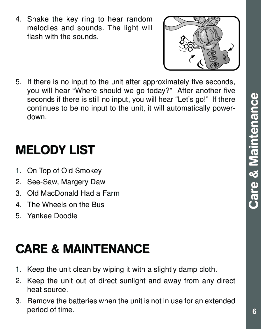 VTech Smart Key user manual Melody List, Care & Maintenance 