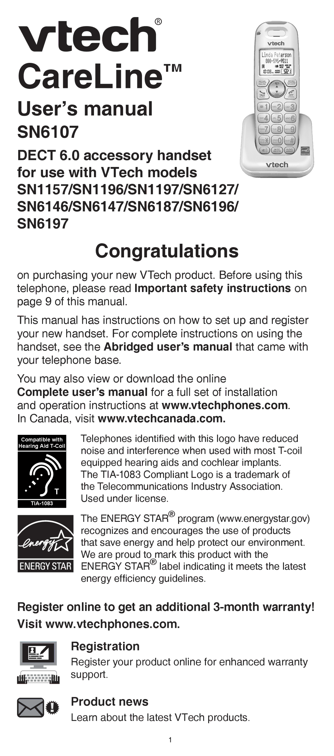 VTech SN6107 user manual CareLine 