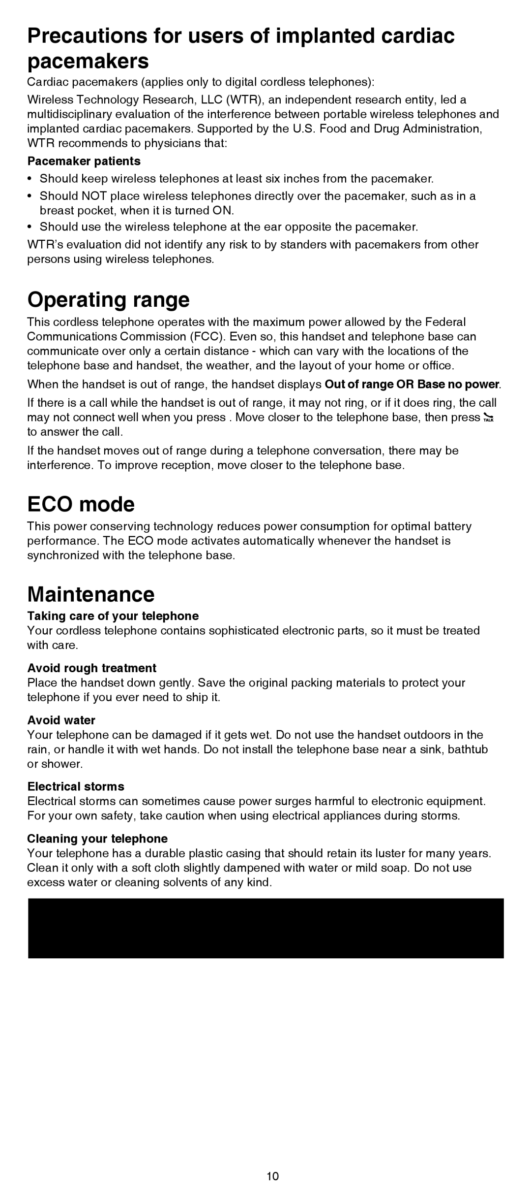 VTech SN6107 user manual Precautions for users of implanted cardiac pacemakers, Operating range, ECO mode, Maintenance 