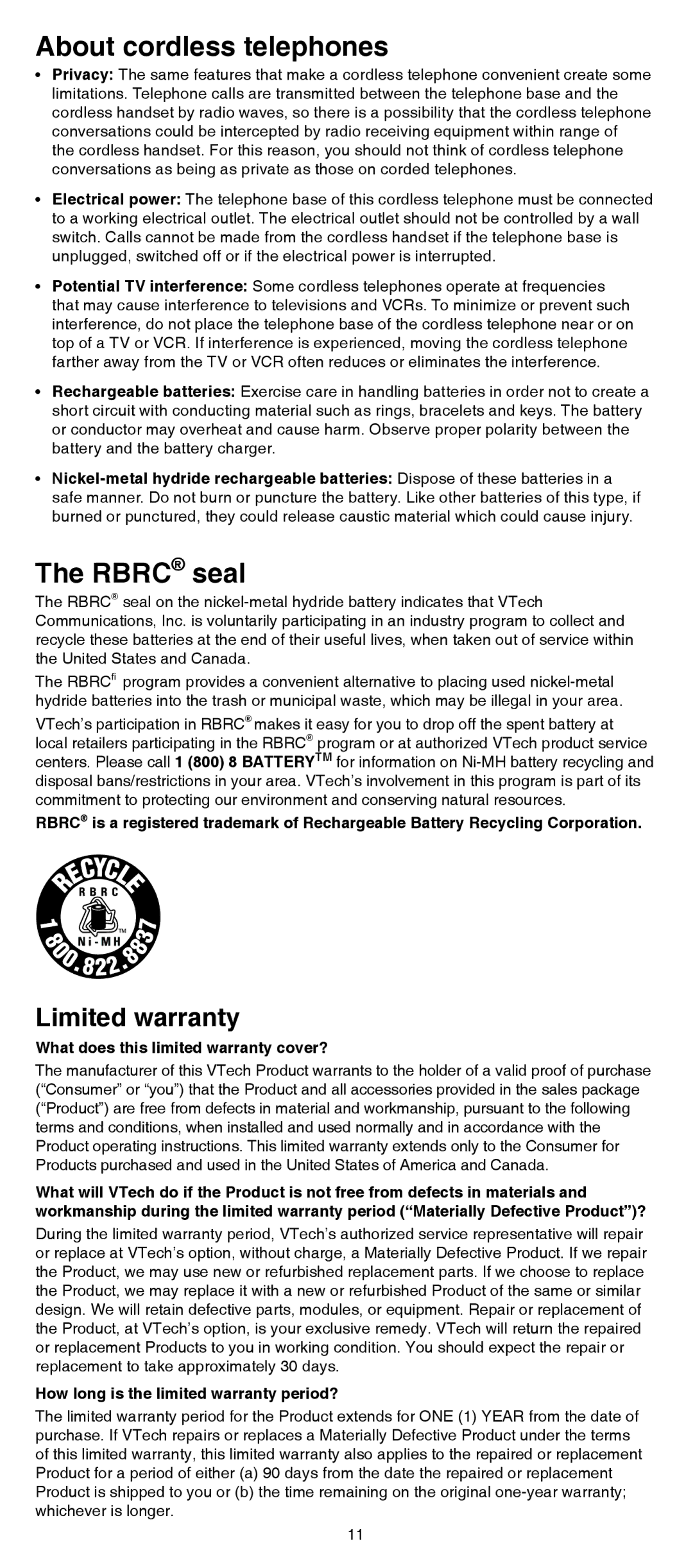 VTech SN6107 user manual About cordless telephones, Rbrc seal, What does this limited warranty cover? 