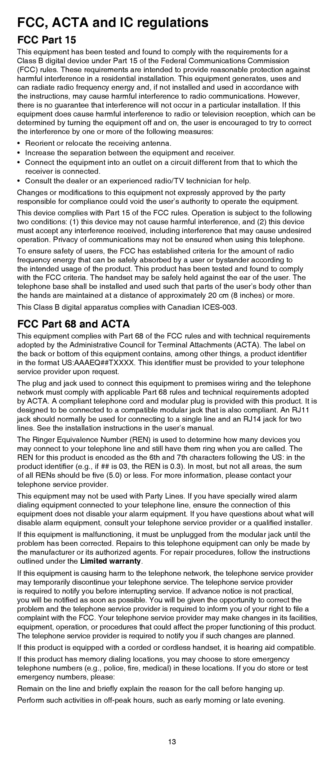 VTech SN6107 user manual FCC, Acta and IC regulations, FCC Part 68 and Acta 