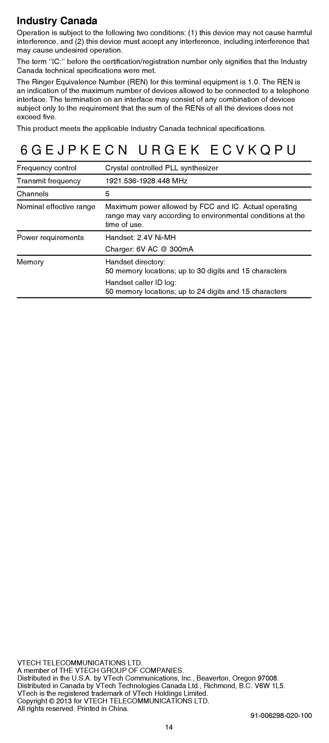 VTech SN6107 user manual Technical specifications, Industry Canada 