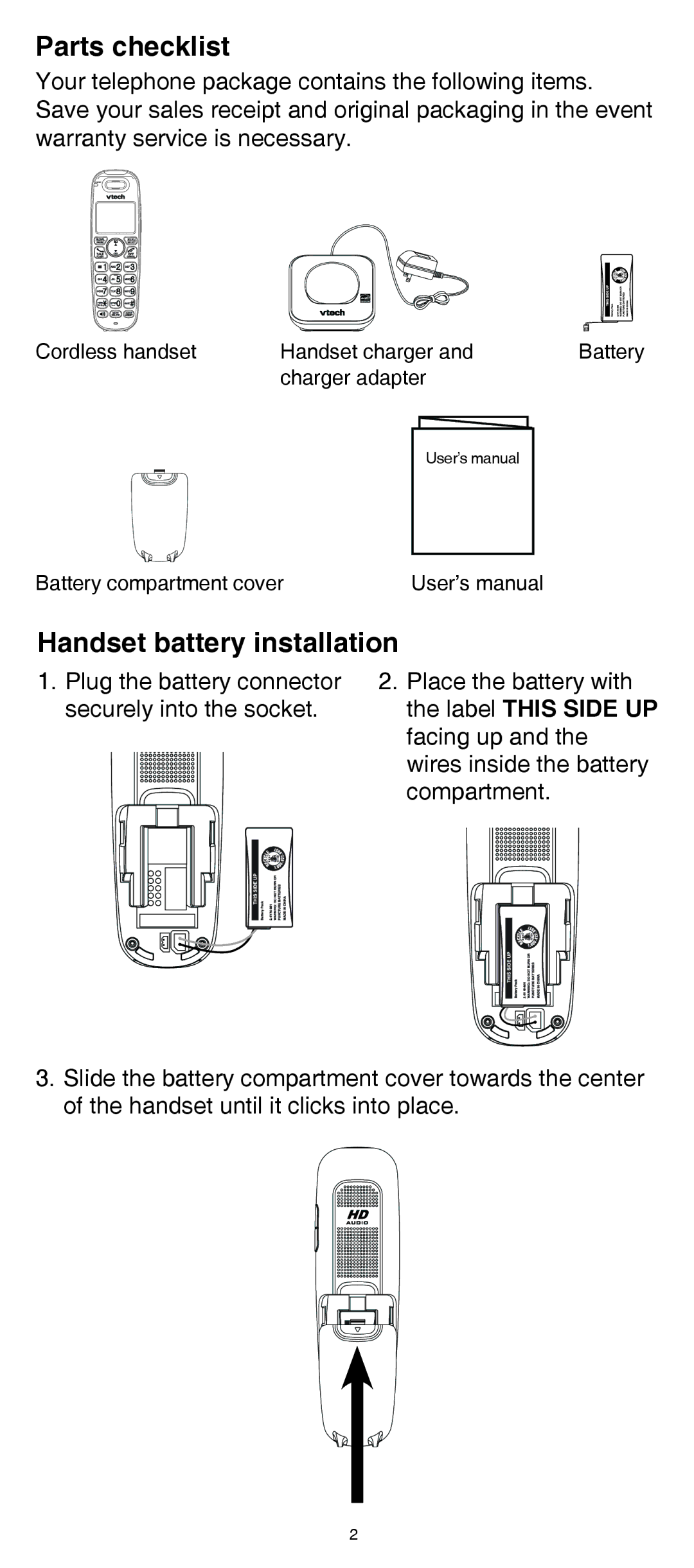 VTech SN6107 user manual Parts checklist, Handset battery installation 