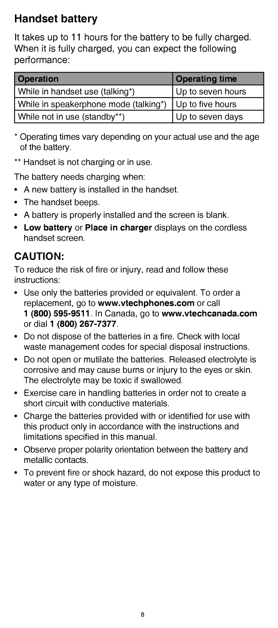 VTech SN6107 user manual Handset battery, Operation Operating time 