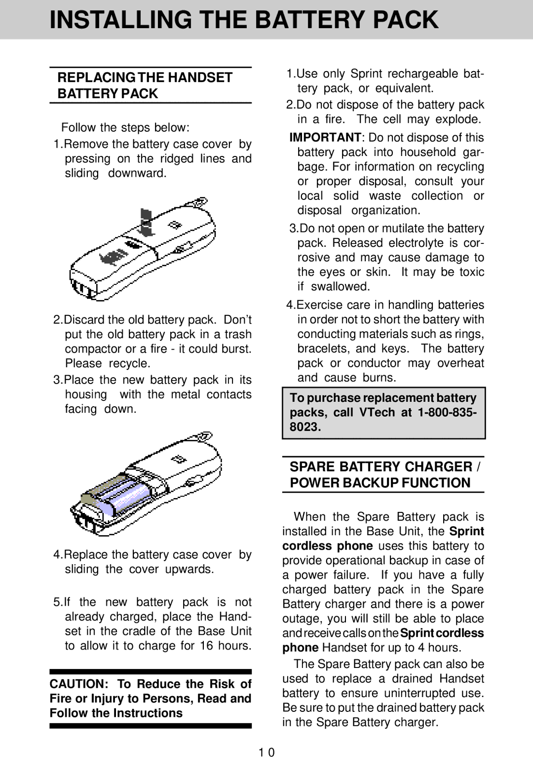 VTech SP1733 owner manual Replacing the Handset Battery Pack, Spare Battery Charger / Power Backup Function 