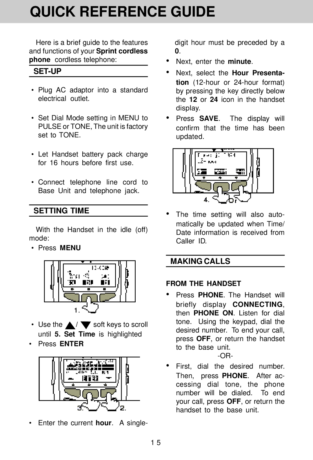 VTech SP1733 owner manual Quick Reference Guide, Set-Up, Setting Time, Making Calls, From the Handset 