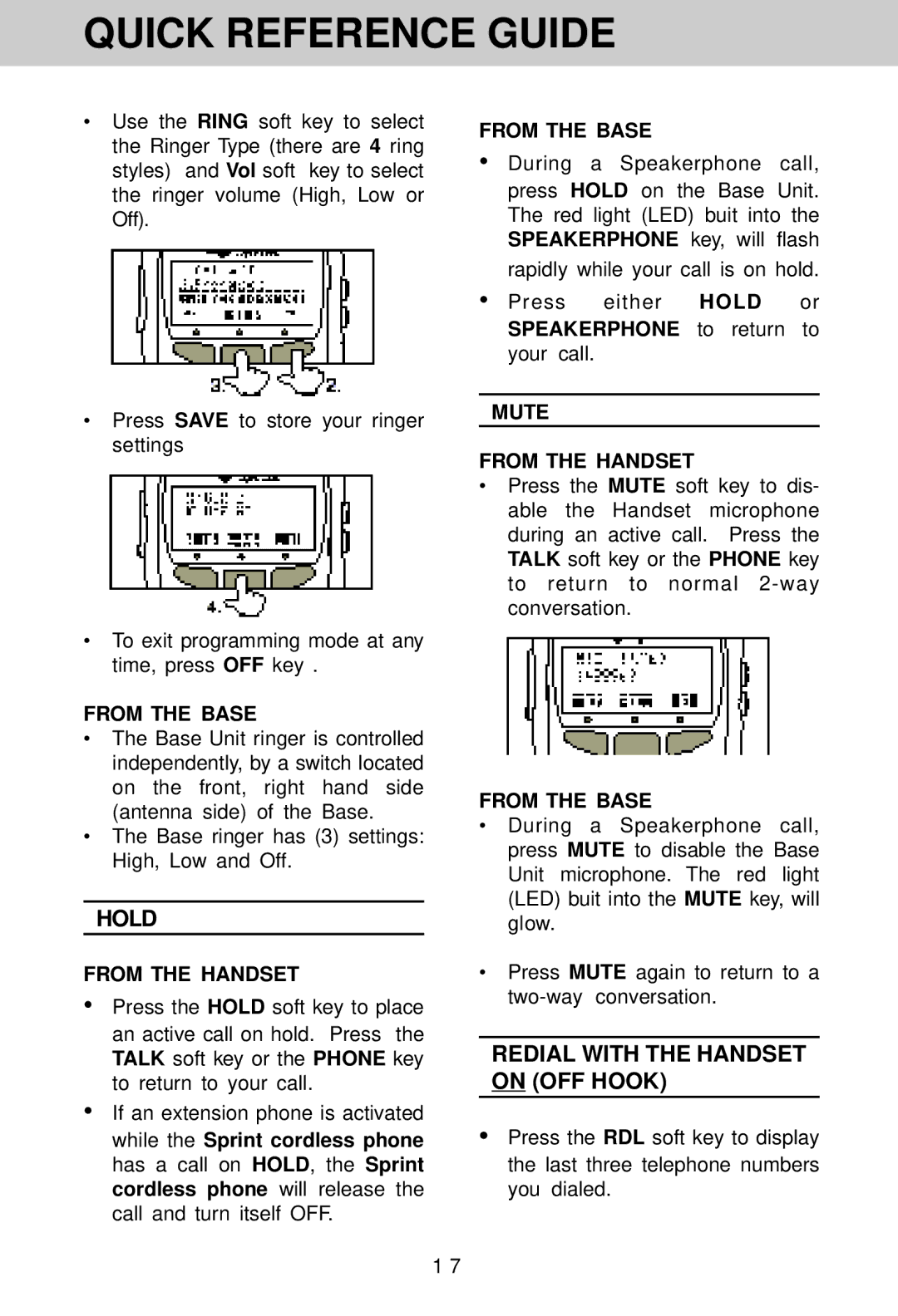 VTech SP1733 owner manual Hold, Redial with the Handset on OFF Hook, Mute From the Handset 