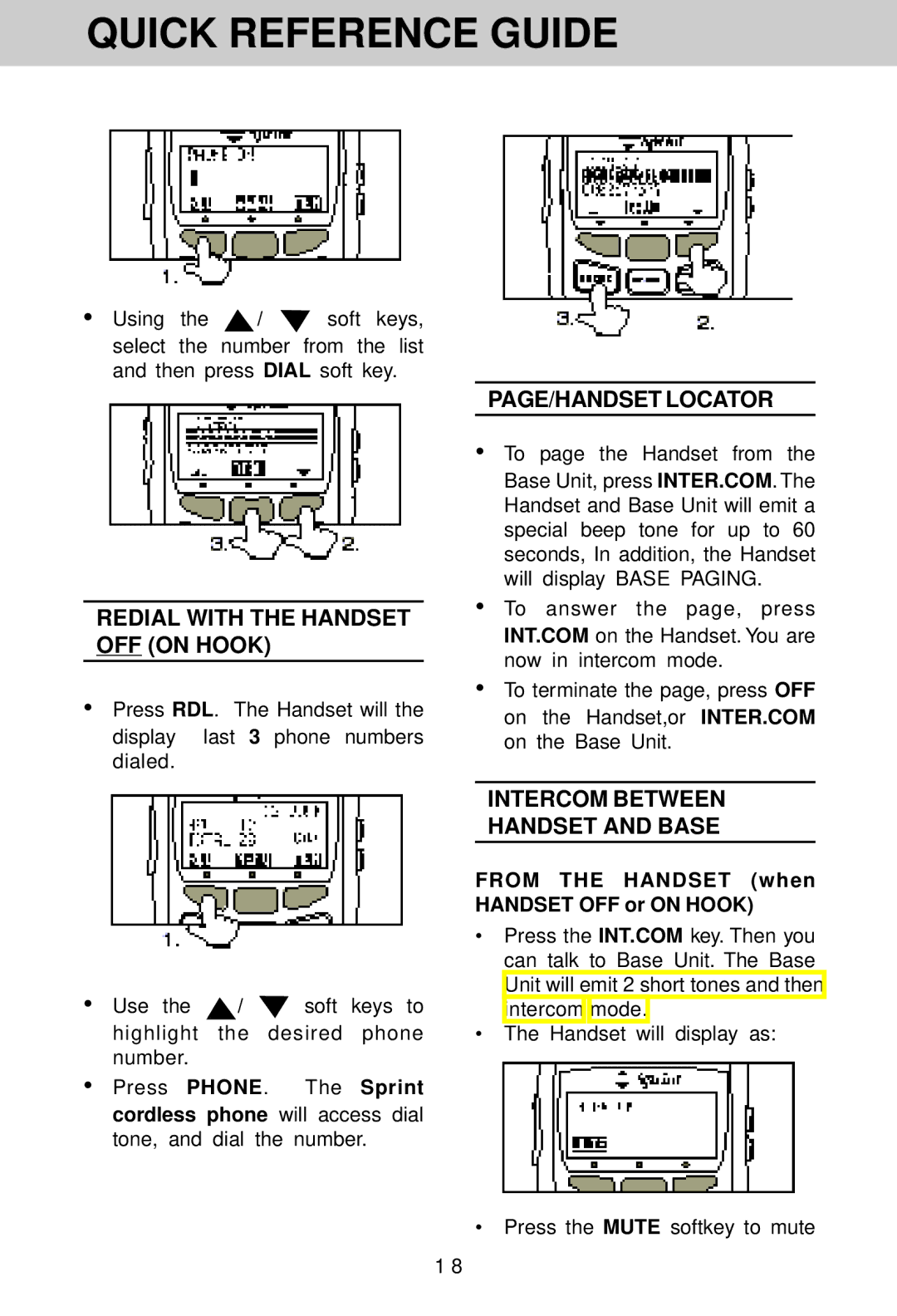 VTech SP1733 owner manual Redial with the Handset OFF on Hook, PAGE/HANDSET Locator, Intercom Between Handset and Base 