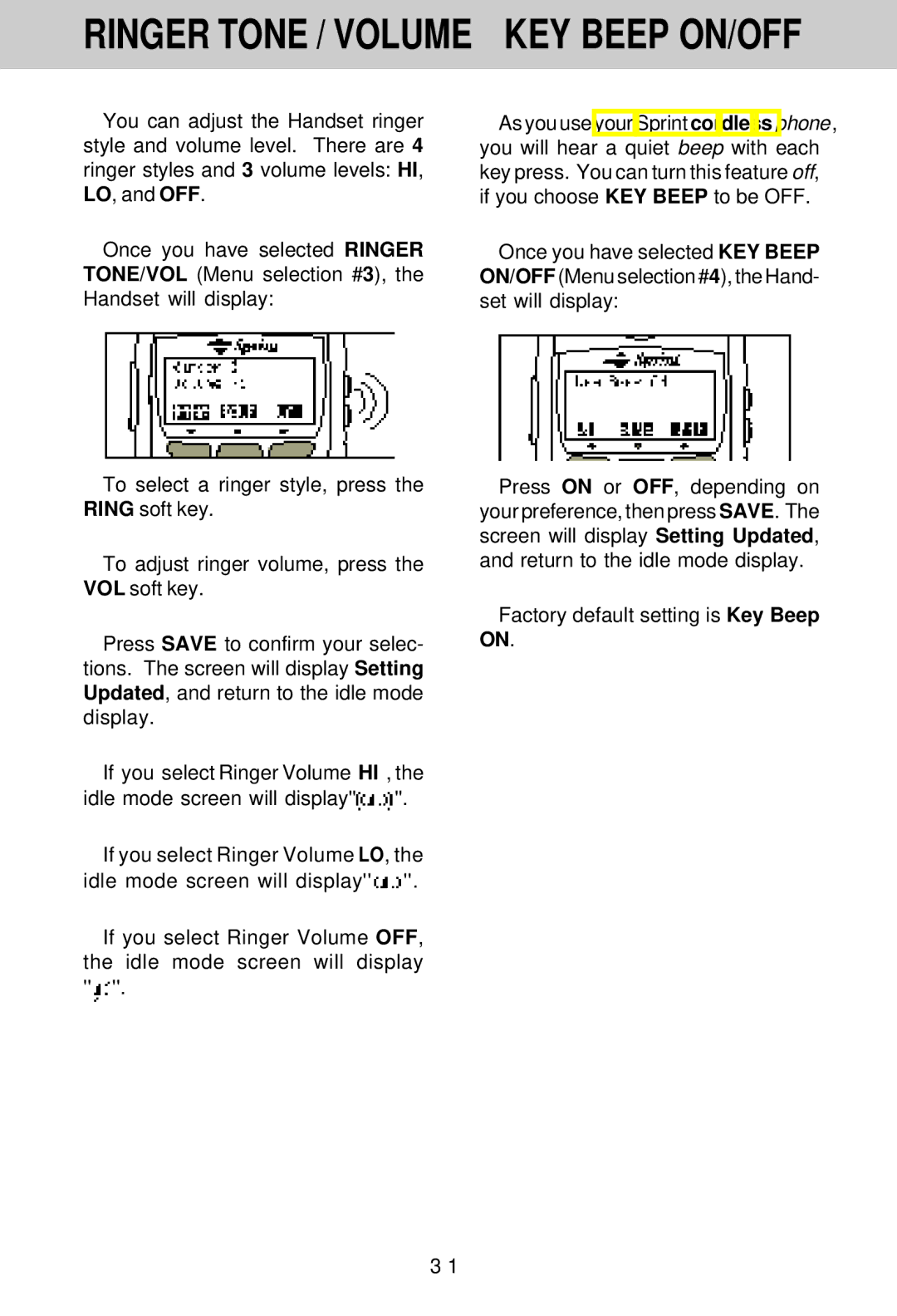 VTech SP1733 owner manual Ringer Tone / Volume KEY Beep ON/OFF 