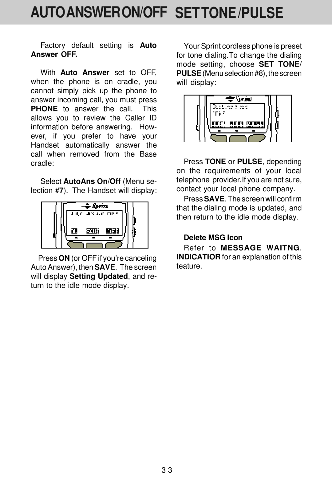 VTech SP1733 owner manual AUTOANSWERON/OFF SET Tone /PULSE 