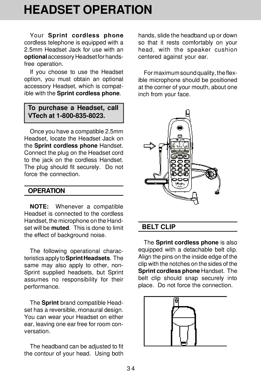 VTech SP1733 owner manual Headset Operation, Belt Clip 