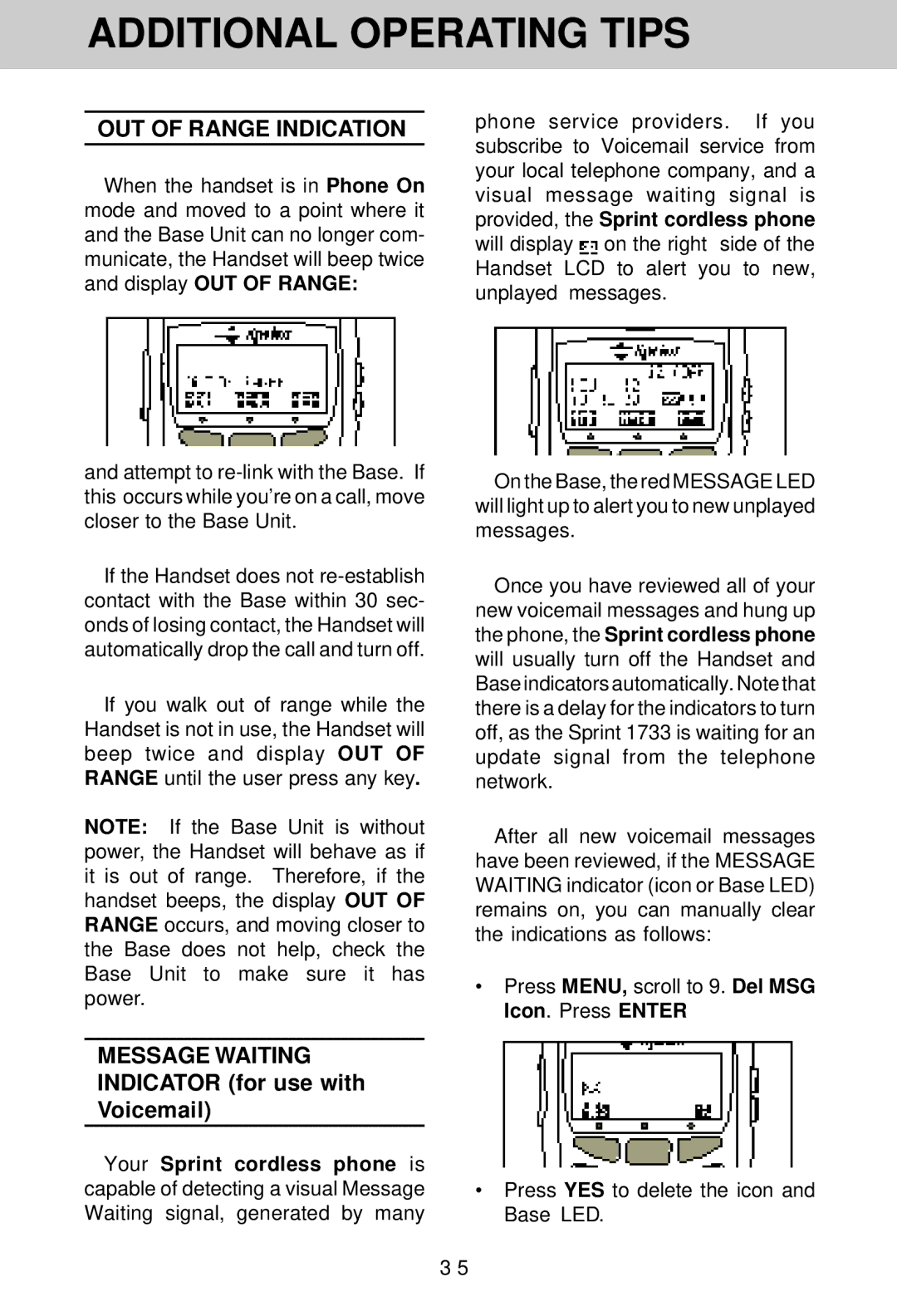 VTech SP1733 owner manual Additional Operating Tips, OUT of Range Indication 