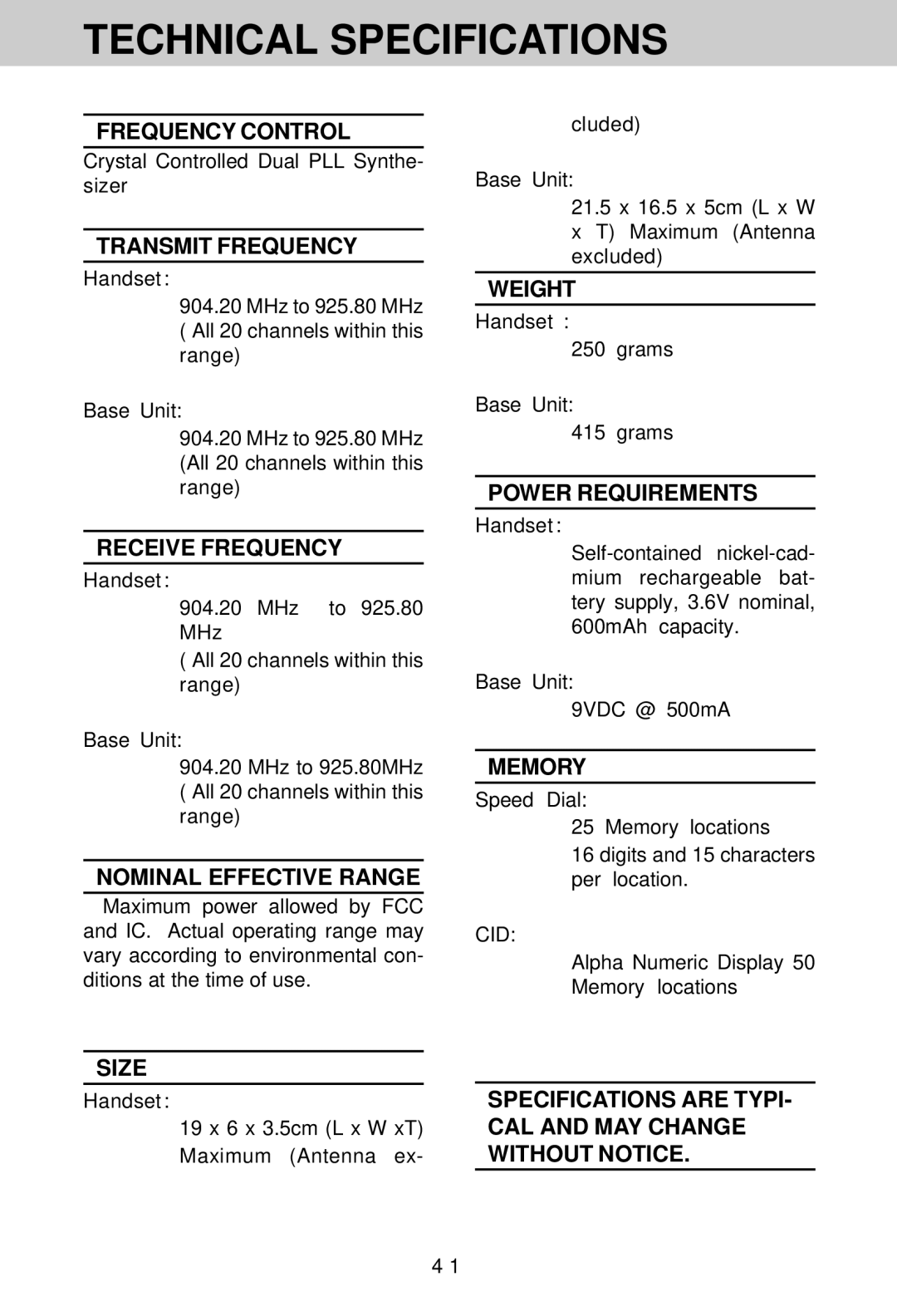 VTech SP1733 owner manual Technical Specifications 