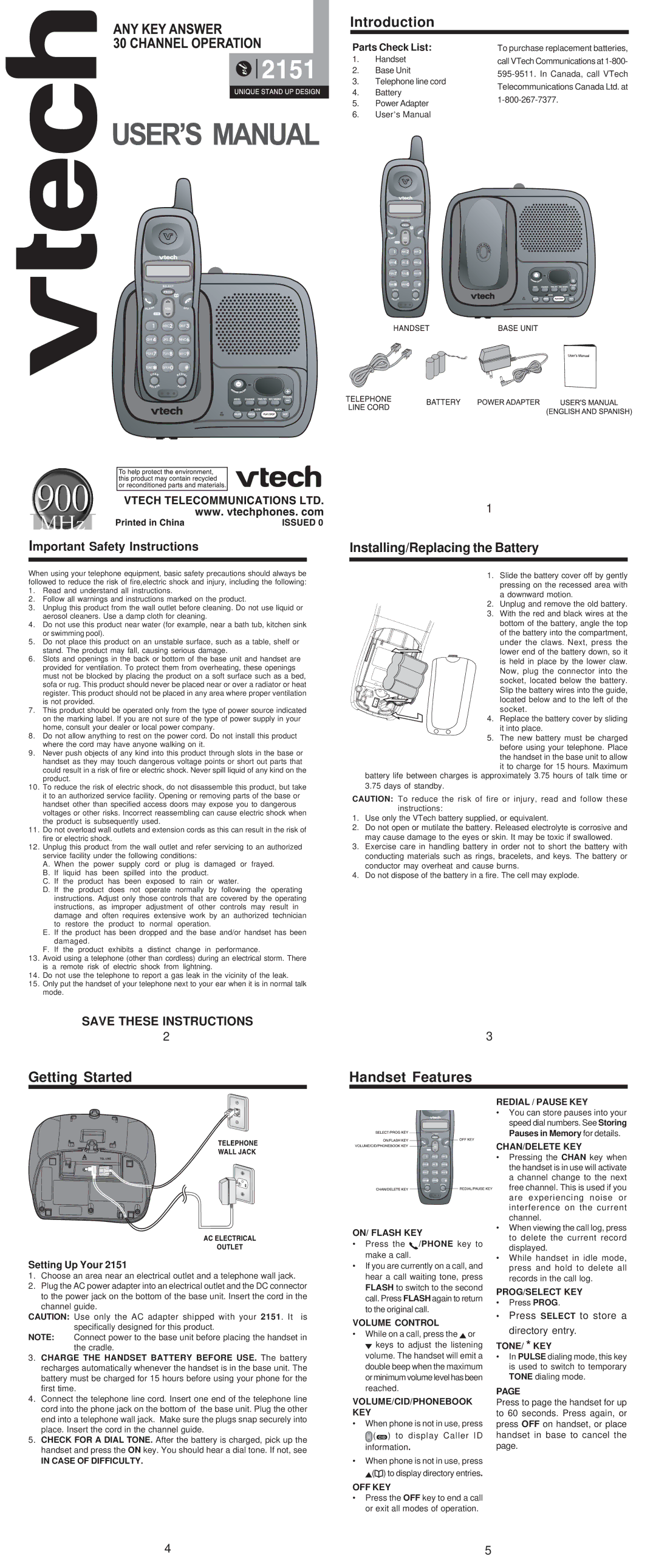 VTech t2151 user manual Getting Started Introduction, Handset Features, Important Safety Instructions, Parts Check List 