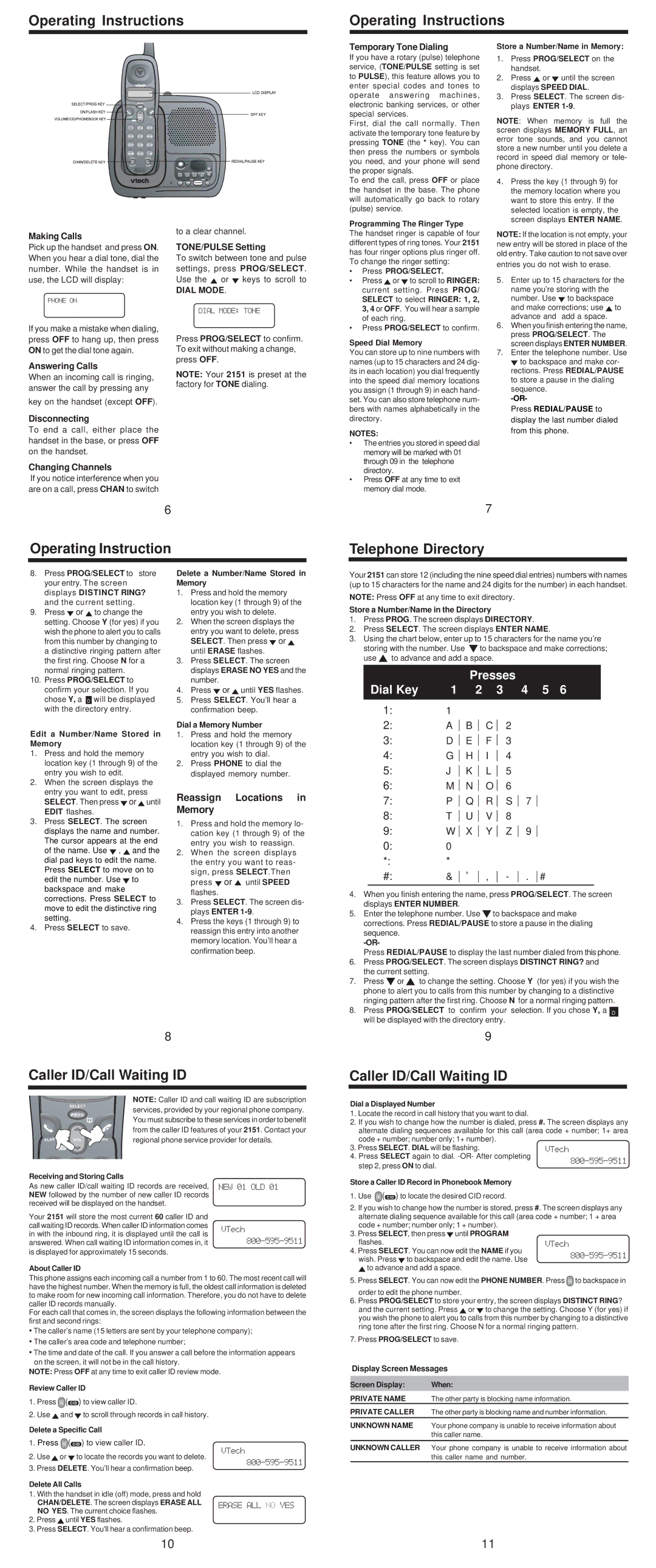 VTech t2151 Operating Instructions, Operating Instruction Telephone Directory, Caller ID/Call Waiting ID, Presses Dial Key 