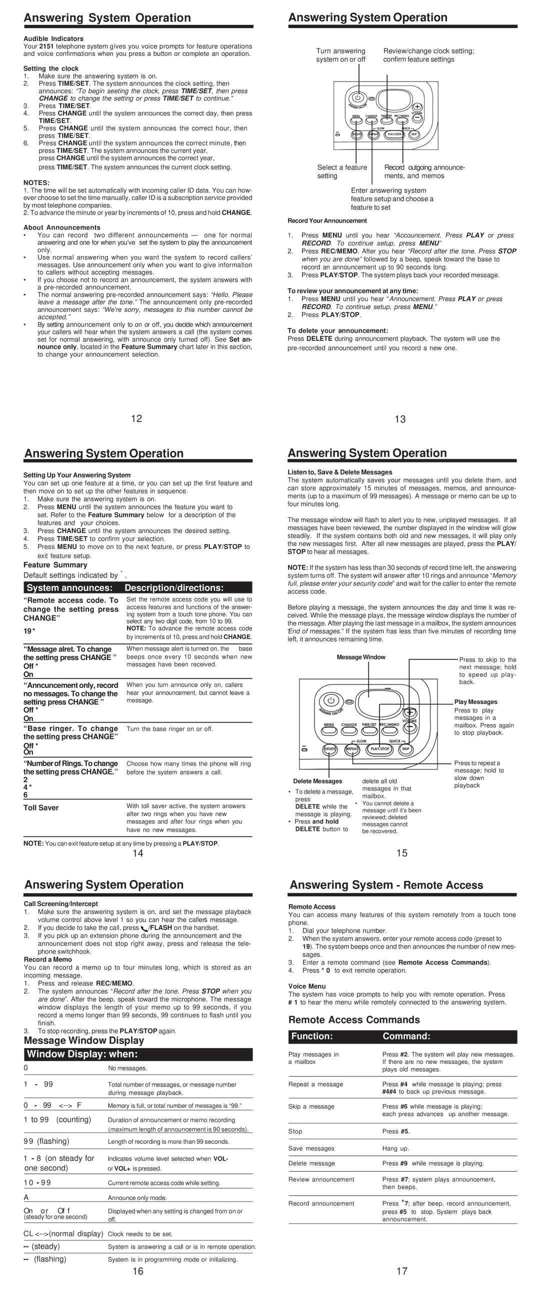 VTech t2151 Answering System Operation, Answering System Remote Access, Message Window Display, Window Display when 