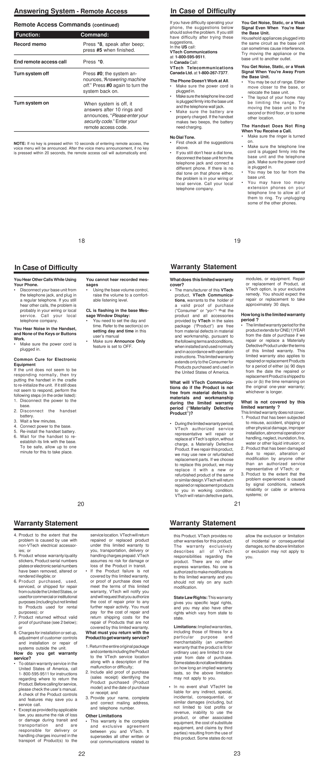 VTech t2151 user manual Answering System Remote Access Case of Difficulty, Case of Difficulty Warranty Statement 