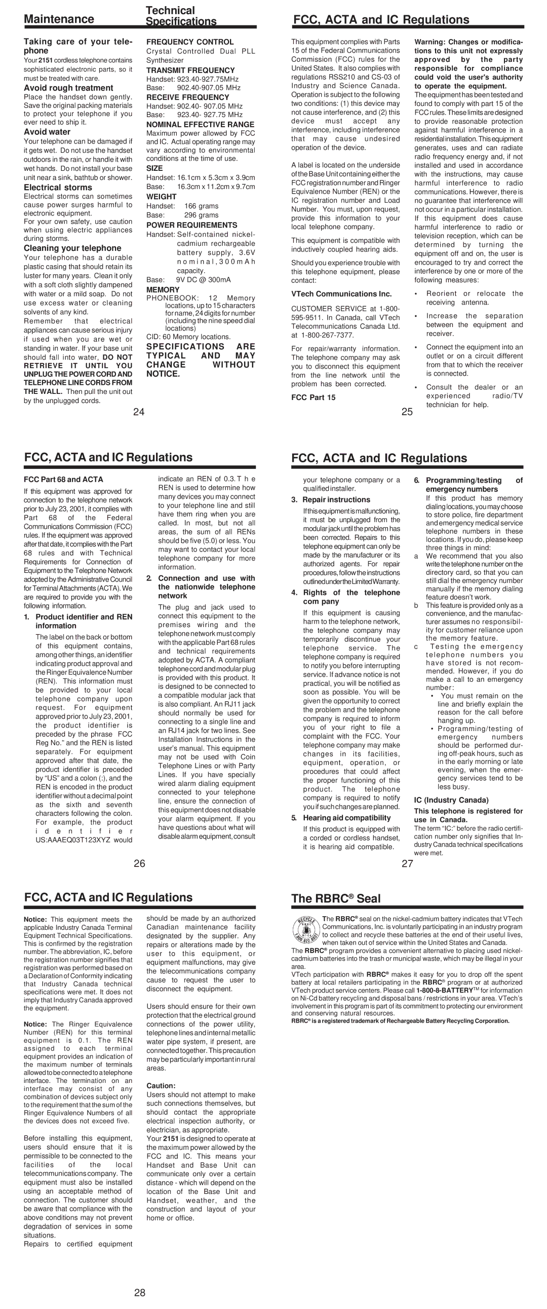 VTech t2151 user manual FCC, Acta and IC Regulations Rbrc Seal 