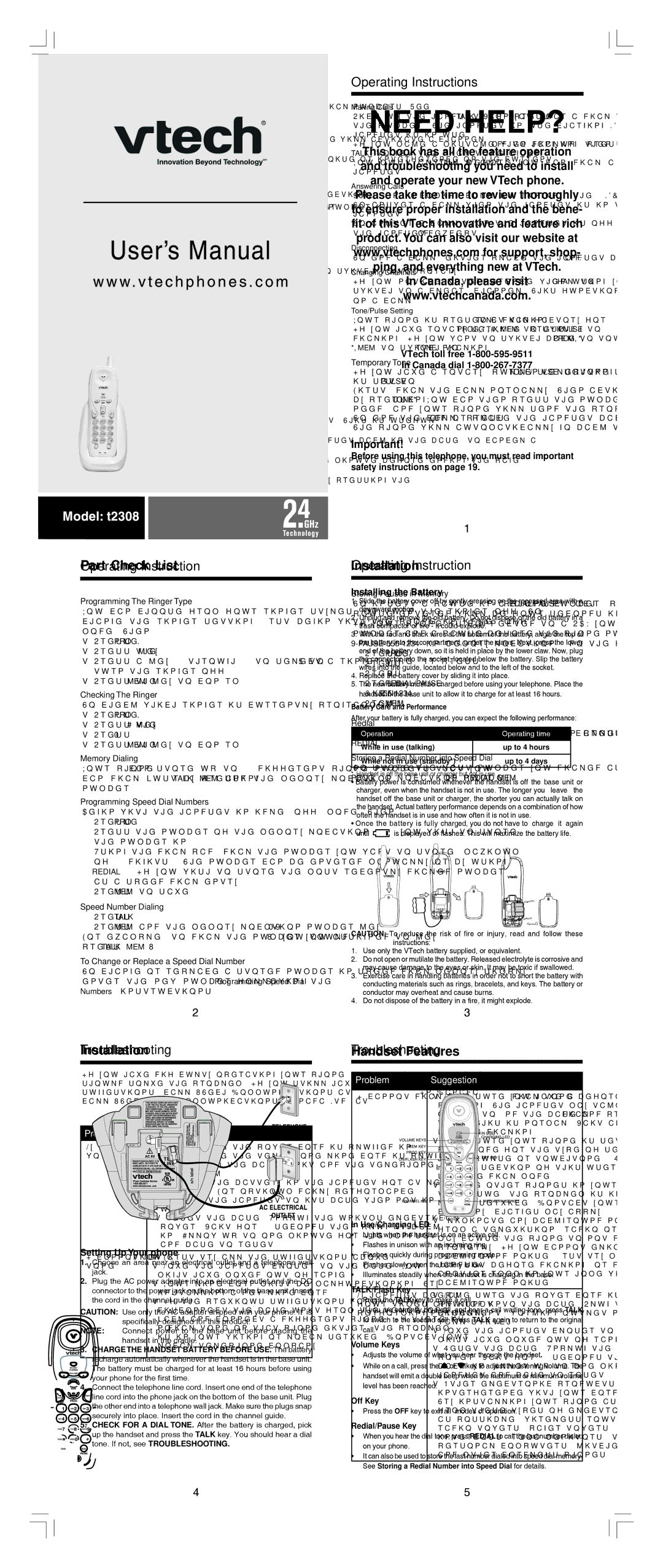 VTech T2308 important safety instructions Handset and Base Features, Operating Instructions, Troubleshooting 