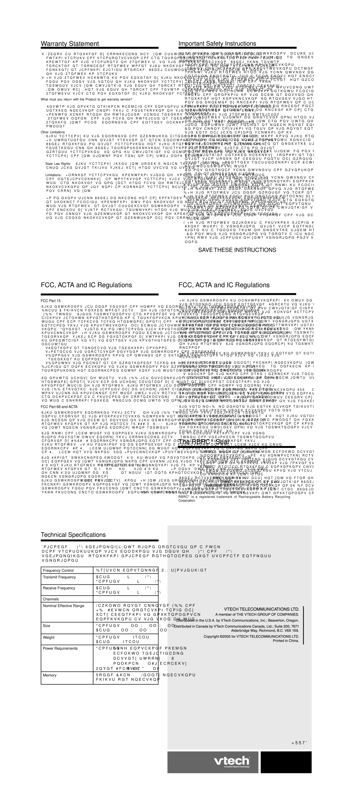 VTech T2308 important safety instructions FCC, Acta and IC Regulations, Rbrc Seal 