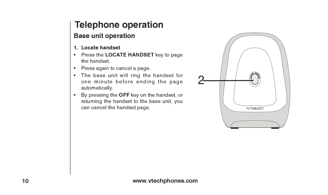 VTech T2326 warranty Base unit operation, Locate handset 