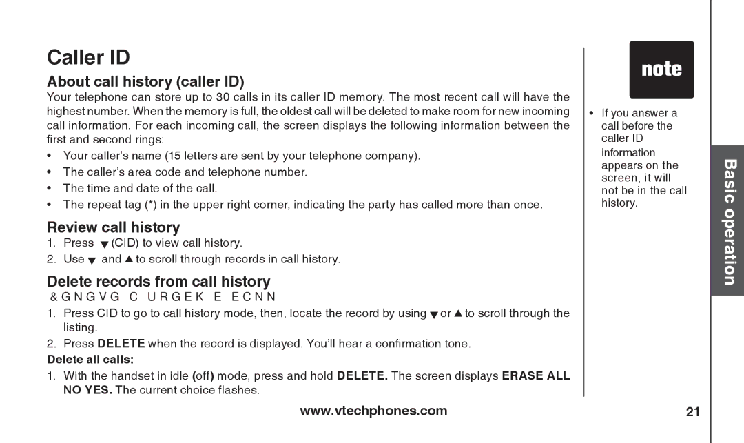 VTech T2326 warranty About call history caller ID, Review call history, Delete records from call history 