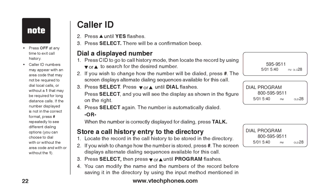 VTech T2326 warranty Dial a displayed number, Store a call history entry to the directory 