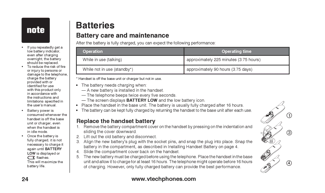 VTech T2326 warranty Batteries, Battery care and maintenance 