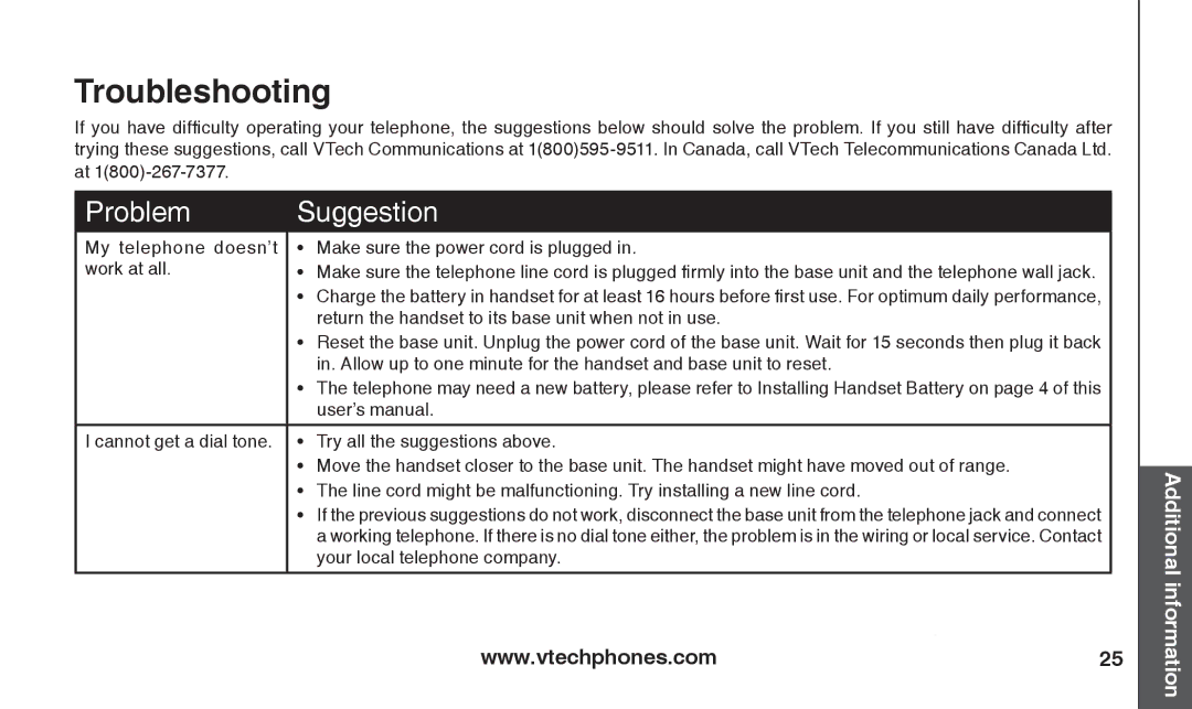 VTech T2326 warranty Troubleshooting, Return the handset to its base unit when not in use, User’s manual 