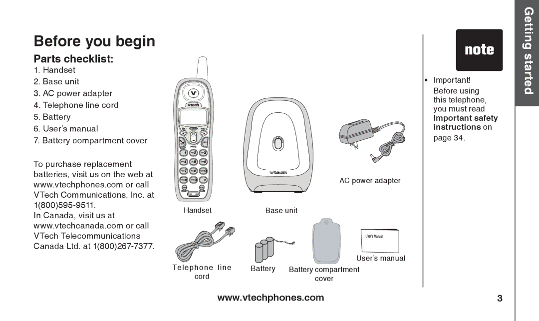 VTech T2326 warranty Before you begin, Parts checklist, Before using this telephone, you must read 