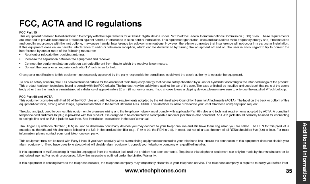 VTech T2326 warranty FCC, Acta and IC regulations, FCC Part 