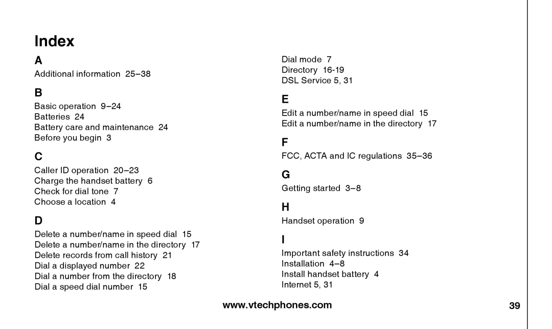 VTech T2326 warranty Index 