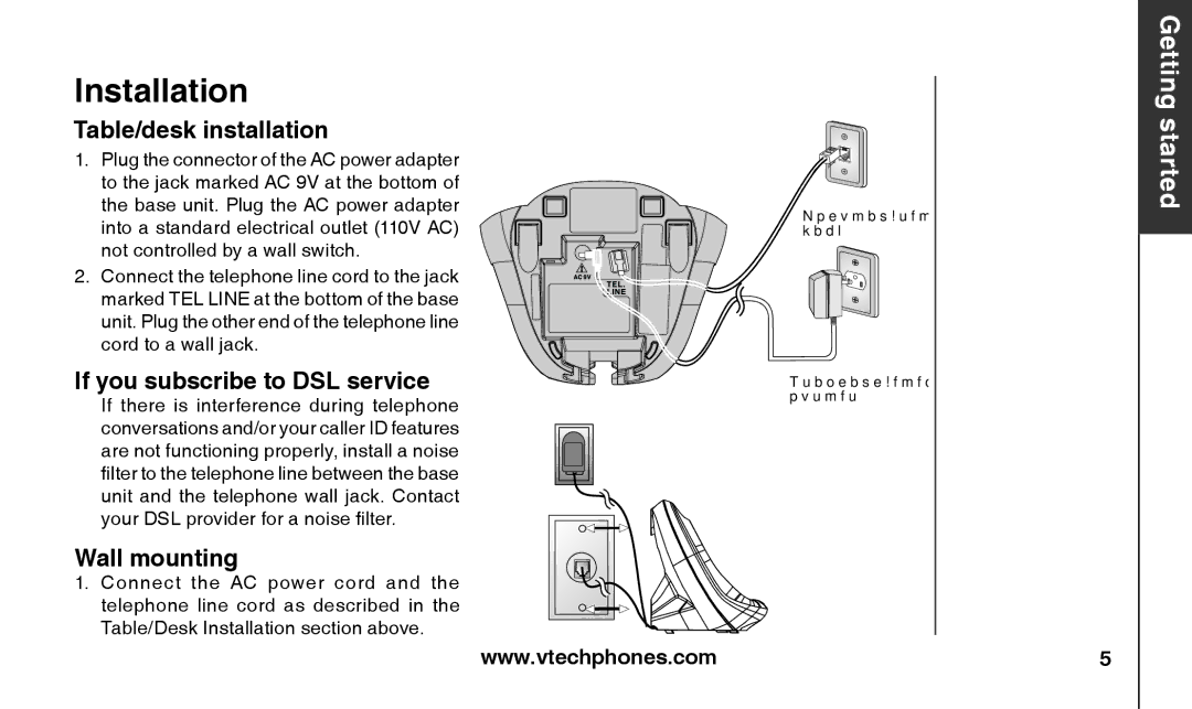 VTech T2326 warranty Table/desk installation, If you subscribe to DSL service, Wall mounting 