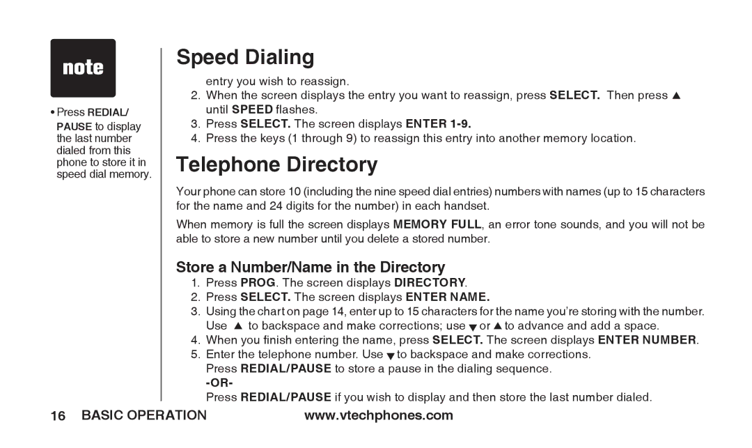 VTech T2326 warranty Telephone Directory, Store a Number/Name in the Directory 