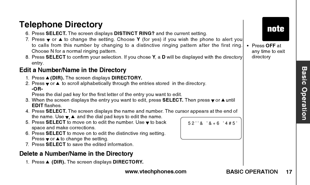 VTech T2326 warranty Edit a Number/Name in the Directory, Delete a Number/Name in the Directory 