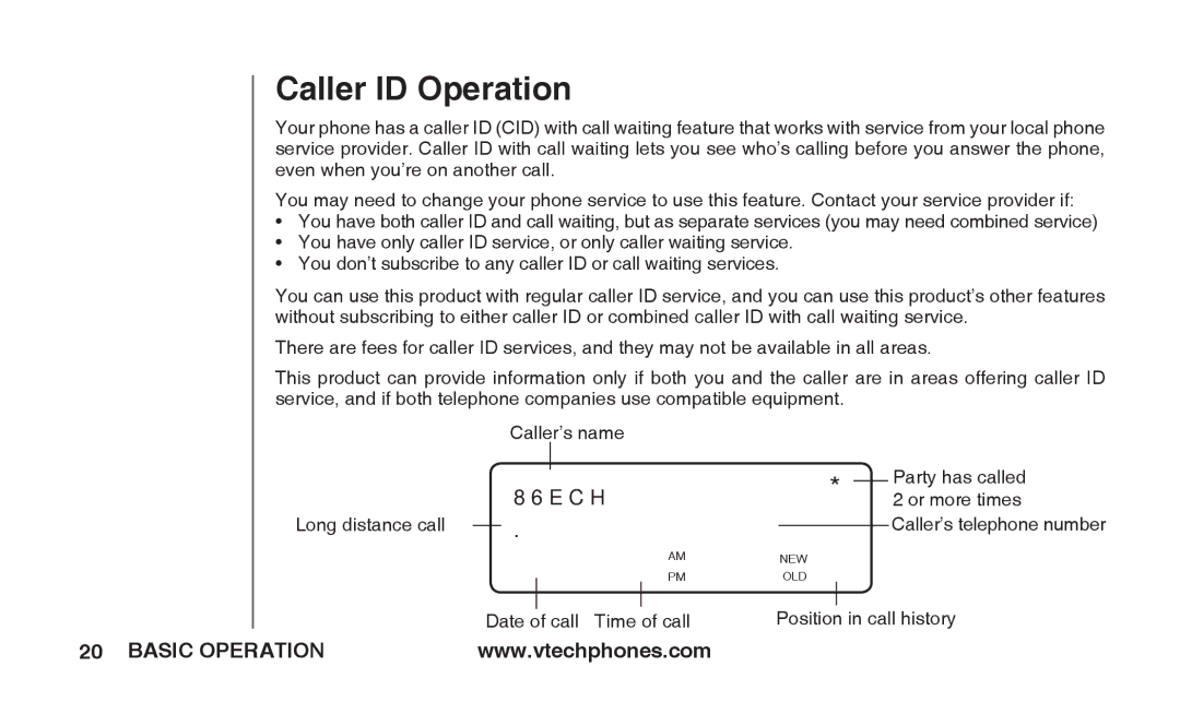 VTech T2326 warranty Caller ID Operation 