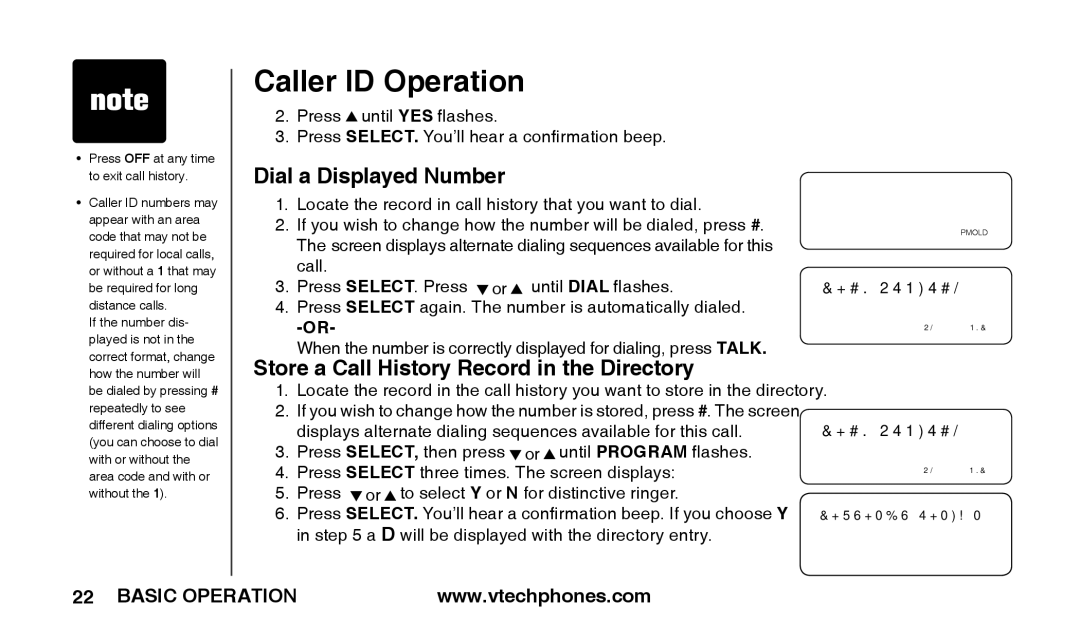 VTech T2326 warranty Dial a Displayed Number, Store a Call History Record in the Directory 