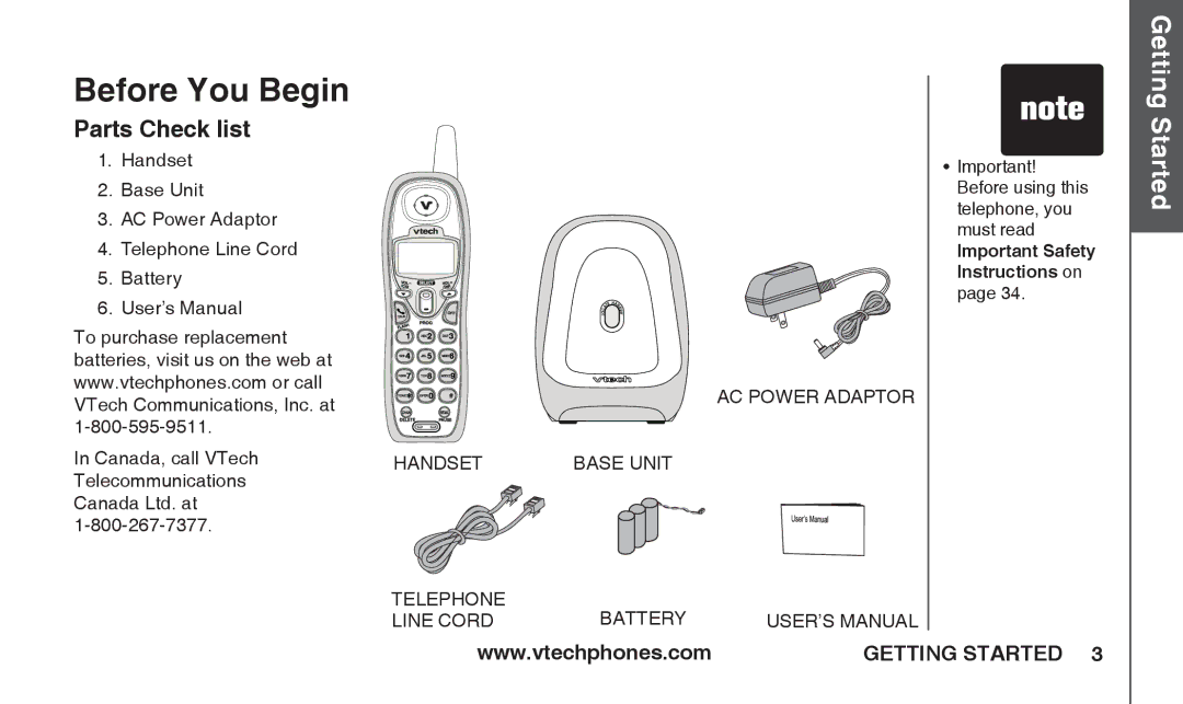 VTech T2326 warranty Before You Begin, Parts Check list, Important! Before using this telephone, you must read 