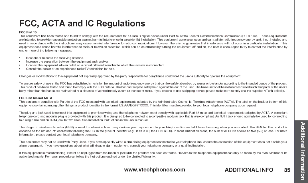 VTech T2326 warranty FCC, Acta and IC Regulations, FCC Part 