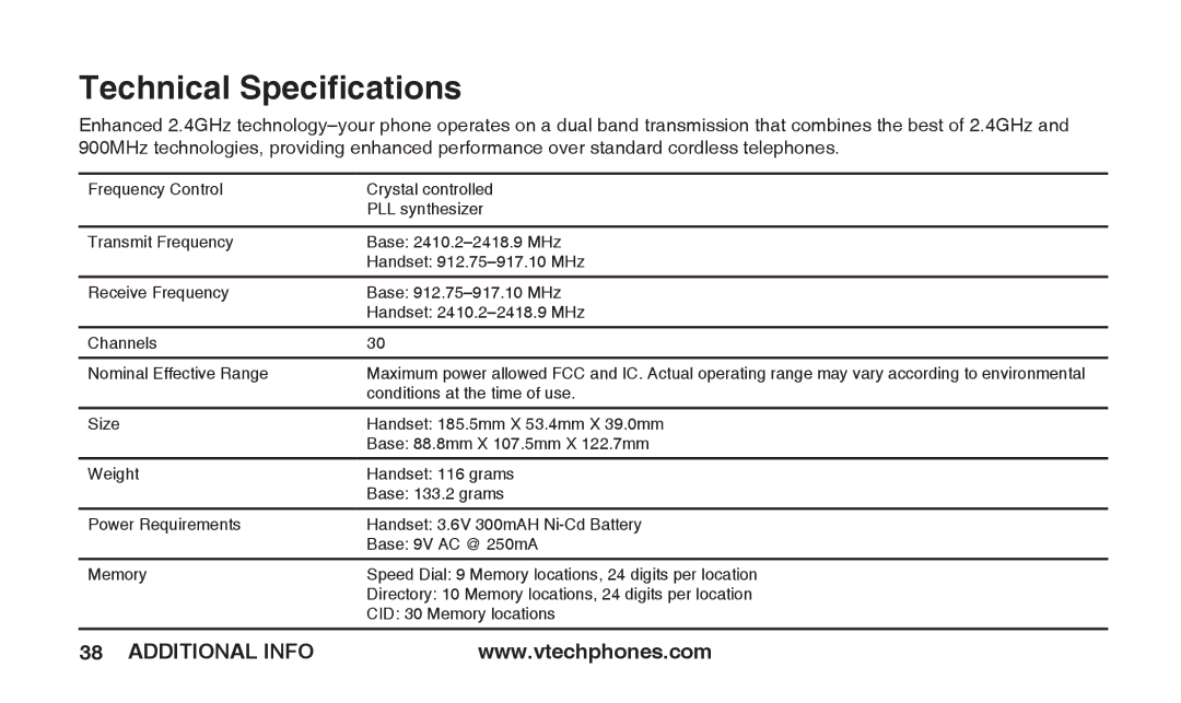 VTech T2326 warranty Technical Speciﬁcations 