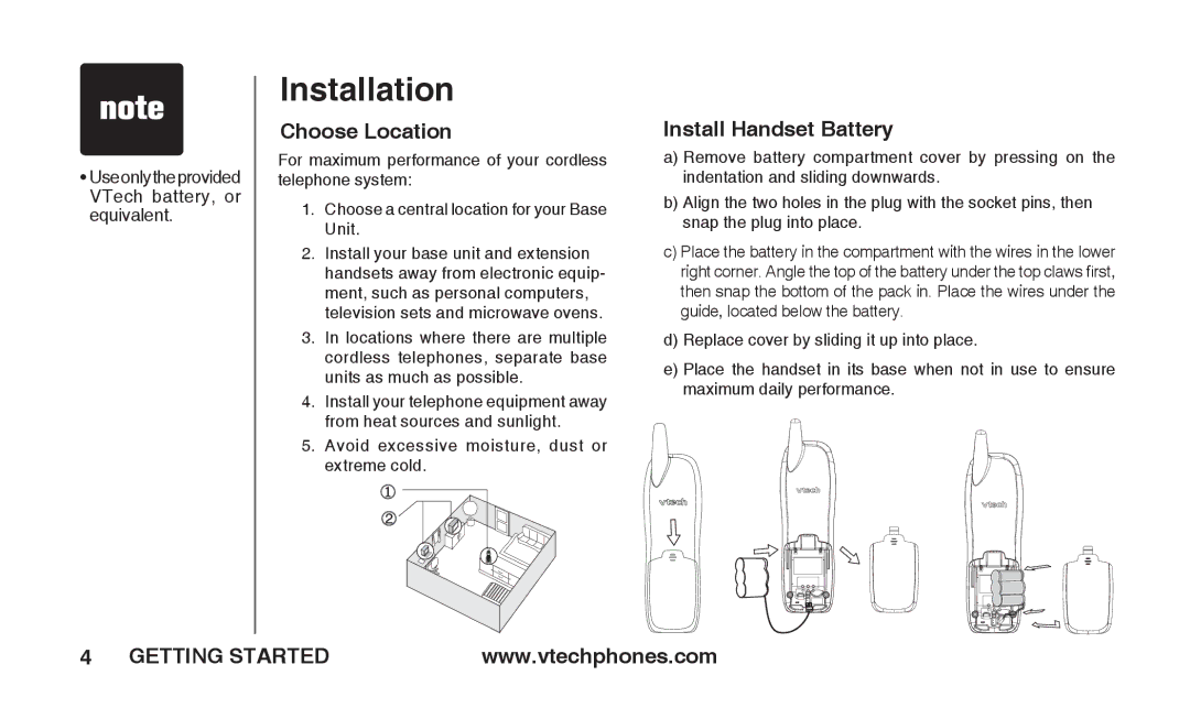 VTech T2326 warranty Installation, Choose Location, Install Handset Battery 