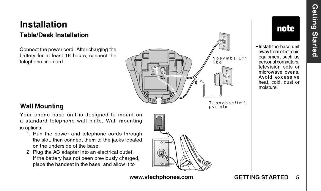 VTech T2326 warranty Table/Desk Installation, Wall Mounting 