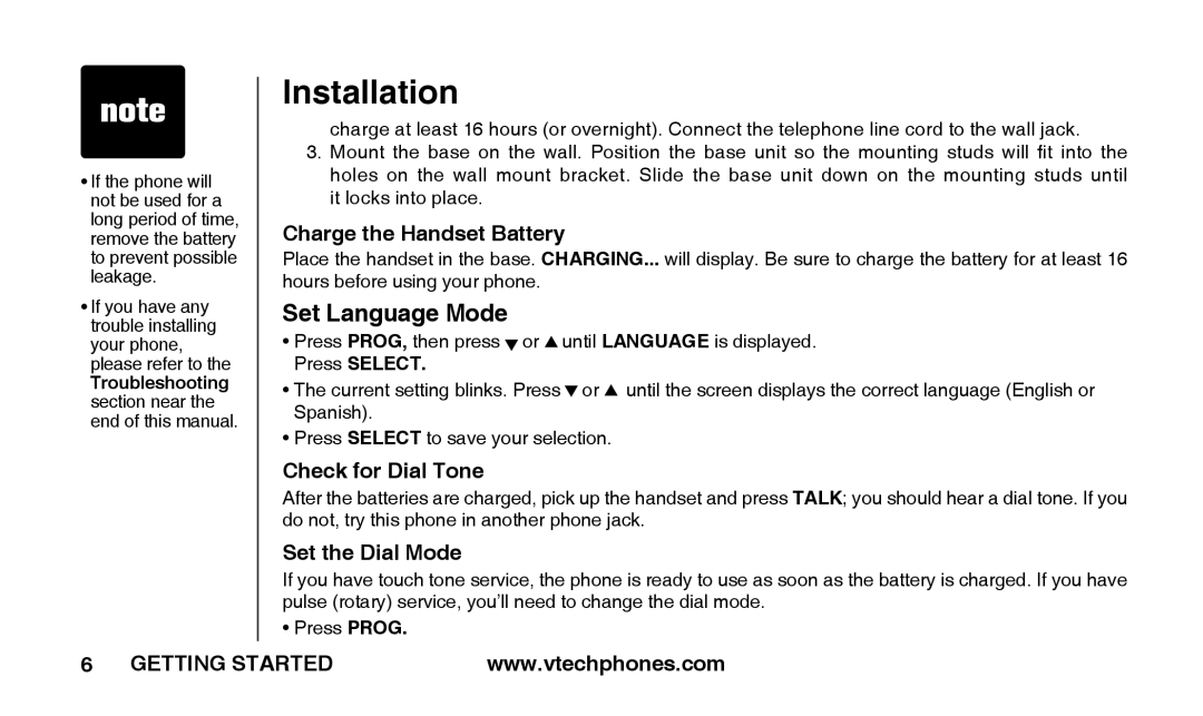 VTech T2326 warranty Set Language Mode, Charge the Handset Battery, Check for Dial Tone, Set the Dial Mode 