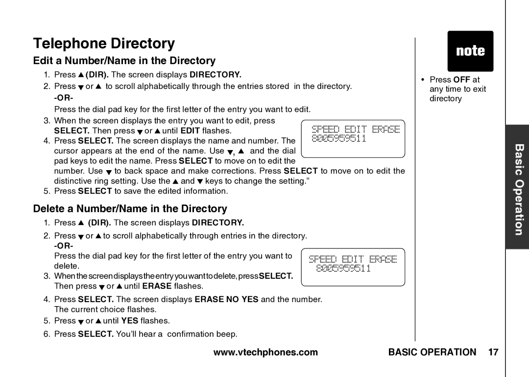 VTech t2340 warranty Edit a Number/Name in the Directory, Delete a Number/Name in the Directory 