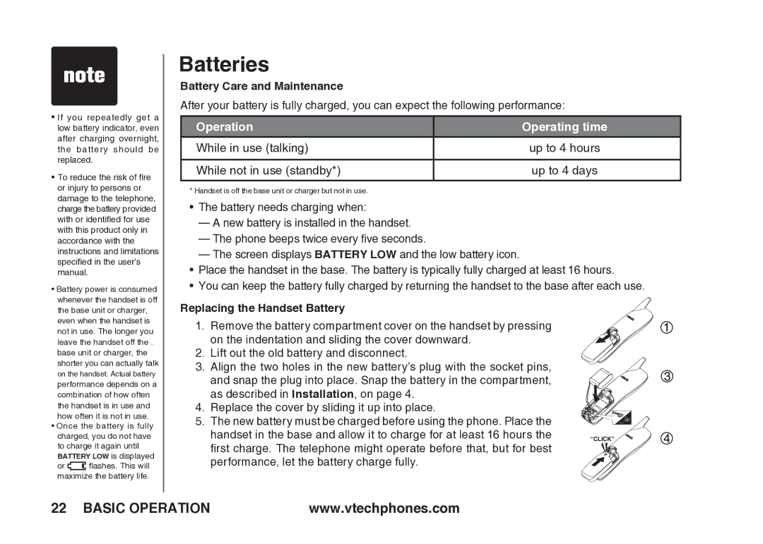 VTech t2340 warranty Batteries, Operation Operating time 