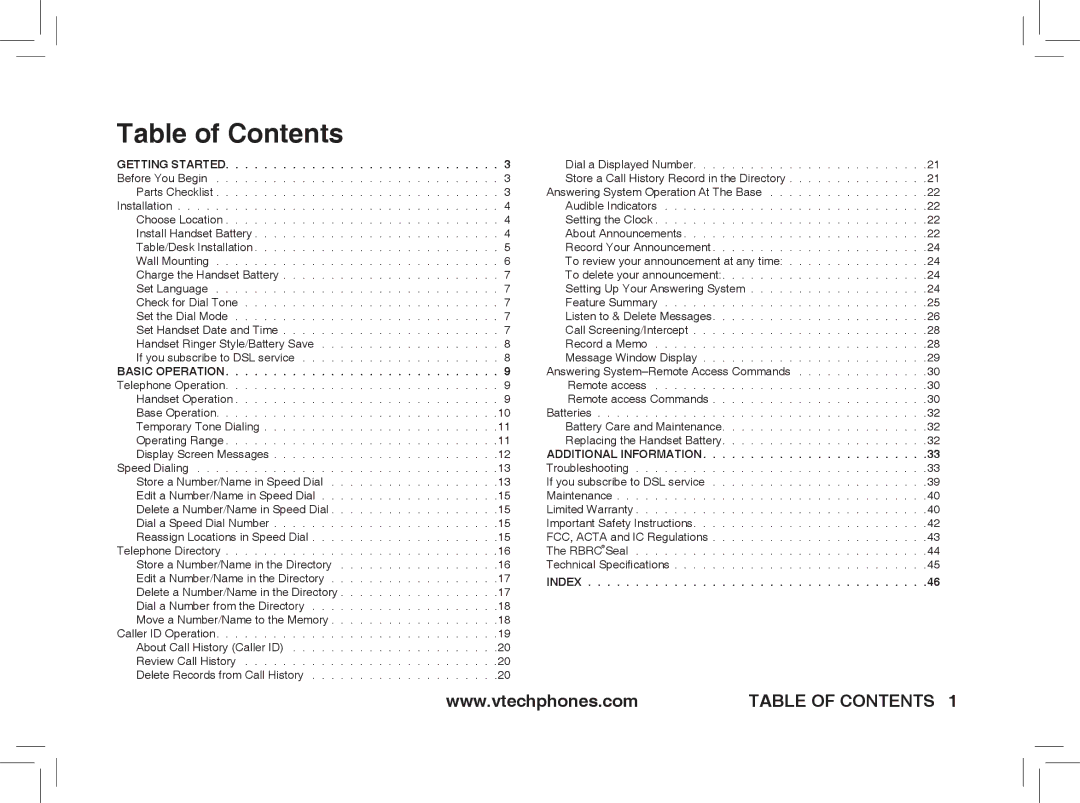 VTech t2351, t2353, t2350 warranty Table of Contents 